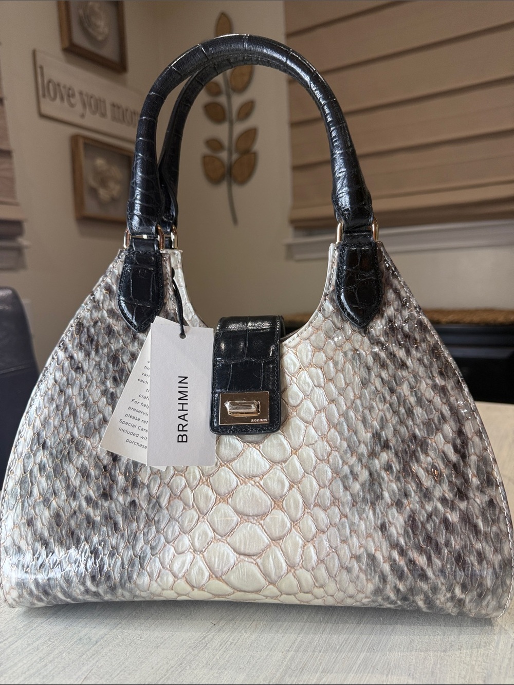 Brahmin Adrian Black Rockway Ivory and Black Embossed Python-Print Satchel